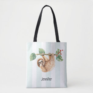 Cute Sloth Hanging Upside Down Watercolor Tote Bag