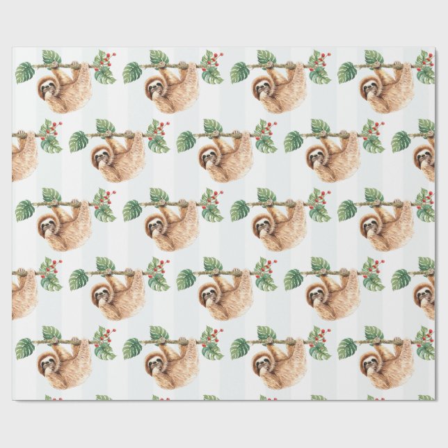 Cute Sloth Hanging Upside Down Watercolor Wrapping Paper (Flat)