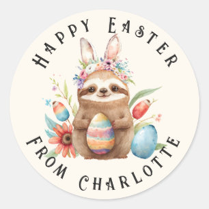 Cute Sloth Happy Easter Bunny Rabbit Eggs Name Classic Round Sticker