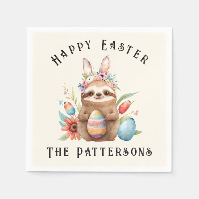 Cute Sloth Happy Easter Bunny Rabbit Eggs Name Napkin (Front)