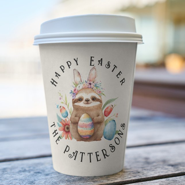 Cute Sloth Happy Easter Bunny Rabbit Eggs Name Paper Cups (Creator Uploaded)
