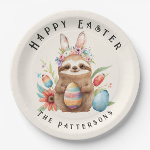 Cute Sloth Happy Easter Bunny Rabbit Eggs Name Paper Plate