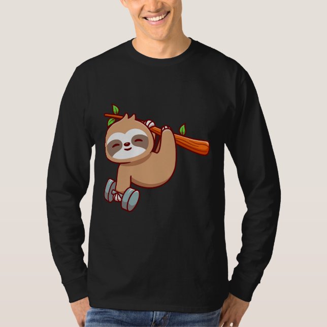 Cute Sloth Holding Dumbbell T-Shirt (Front)