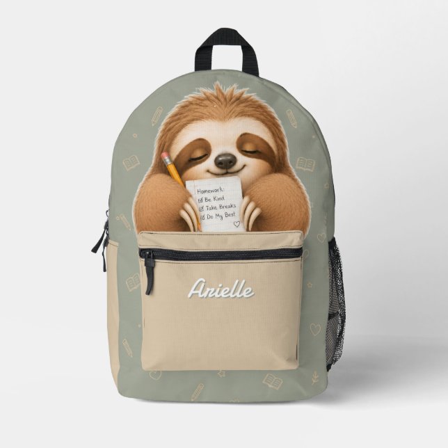 Cute Sloth Homework Helper Sage Beige Kids Printed Backpack (Front)