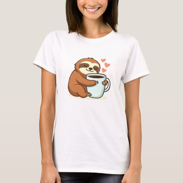 Cute Sloth Hugging Big Coffee Cup Premium T-Shirt (Front)