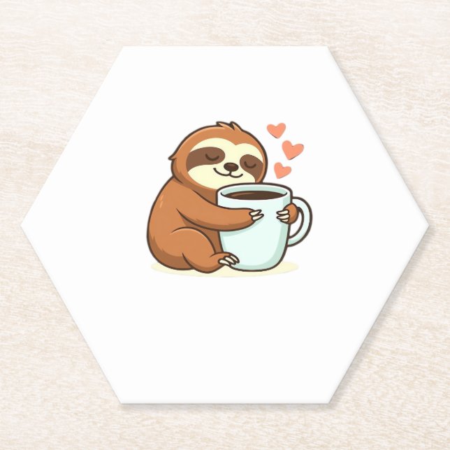 Cute Sloth Hugging Big Coffee Cup Premium T-Shirt Paper Coaster (Front)