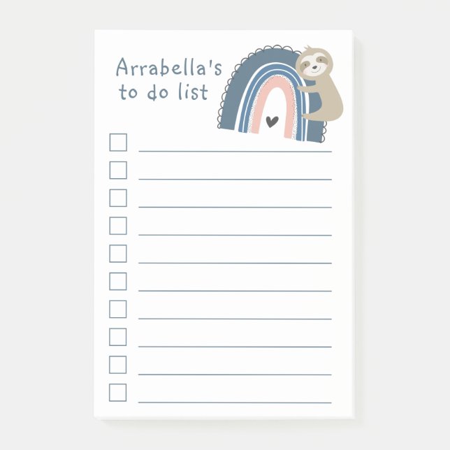 Cute Sloth Hugging Rainbow To Do List Checklist Post-it Notes (Front)