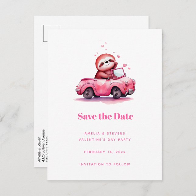 Cute Sloth in a Pink Convertible Announcement Postcard (Front/Back)