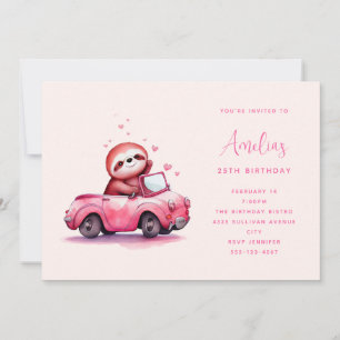Cute Sloth in a Pink Convertible  Birthday Invitation