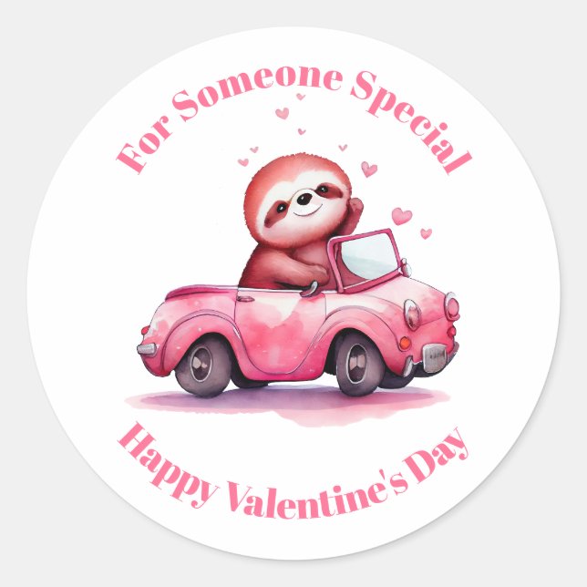 Cute Sloth in a Pink Convertible Valentine's Day Classic Round Sticker (Front)