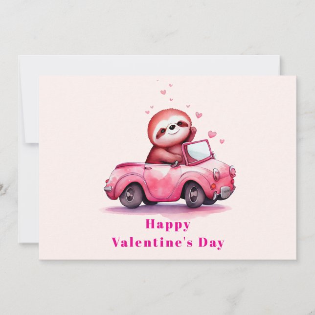 Cute Sloth in a Pink Convertible Valentine's Day Holiday Card (Front)