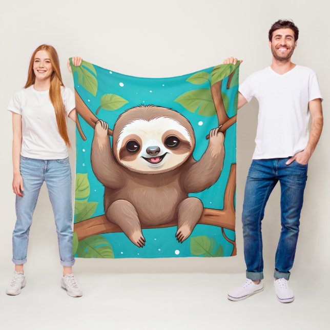 Cute sloth in a tree illustration fleece blanket (In Situ)