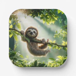 Cute Sloth In Backlit By Sunbeams Paper Plate