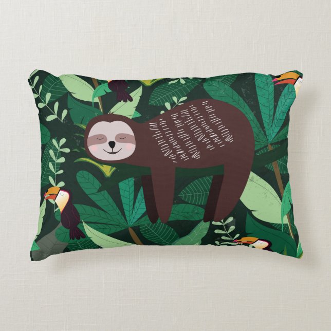 Cute sloth in green tropical illustration pattern accent pillow (Front)