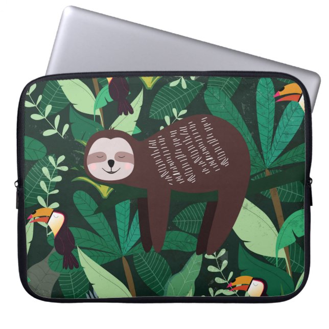 Cute sloth in green tropical illustration pattern laptop sleeve (Front)
