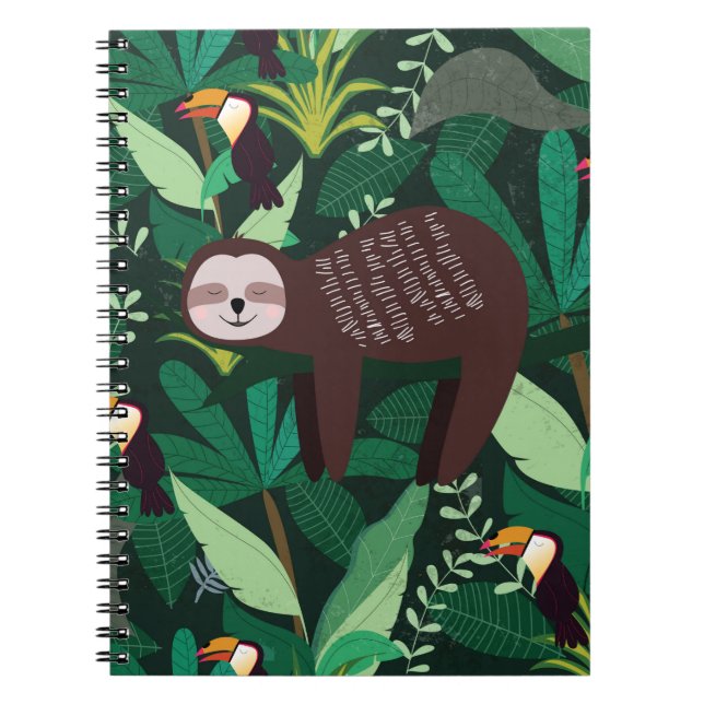 Cute sloth in green tropical illustration pattern notebook (Front)