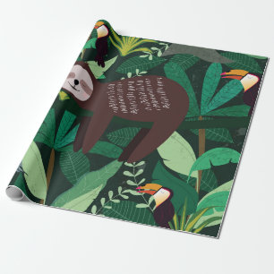 Cute sloth in green tropical illustration pattern wrapping paper