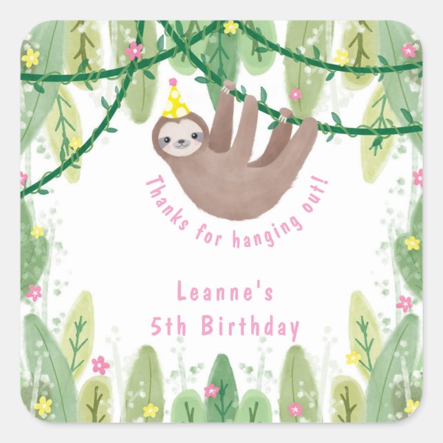 Cute sloth in yellow & white polka dot party hat square sticker (Front)