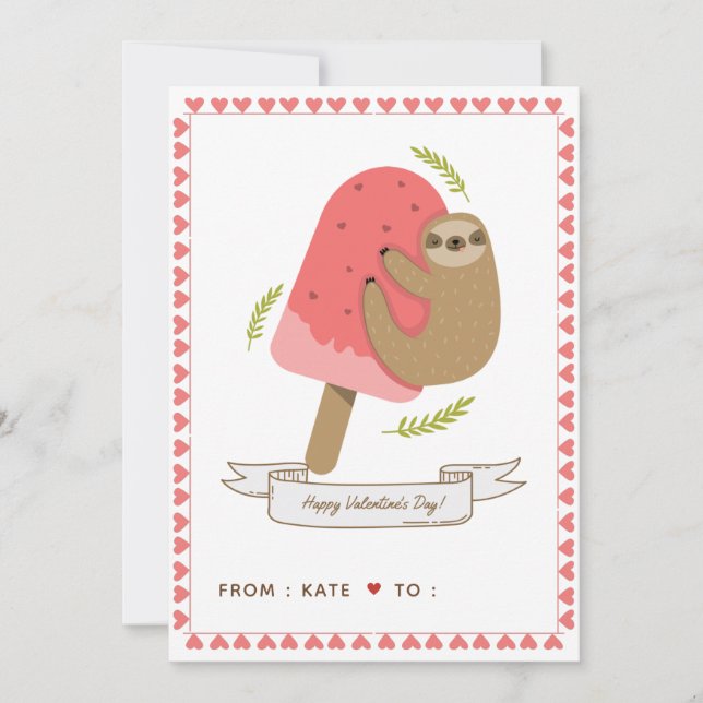 Cute Sloth Kids School Friend Valentine's Day Pink Holiday Card (Front)