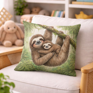 Cute Sloth Mama And Baby Jungle Animals  Throw Pillow