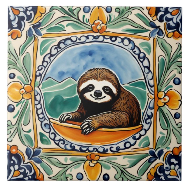 Cute Sloth Mediterranean Yellow & Blue Folk Tile (Front)