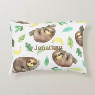 Cute Sloth on a Branch Bananas Animal Name Accent Pillow