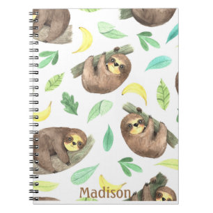 Cute Sloth on Branch Bananas Animal Name Notebook