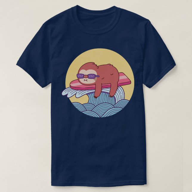 Cute Sloth On Surfboard Riding The Waves T-Shirt (Design Front)