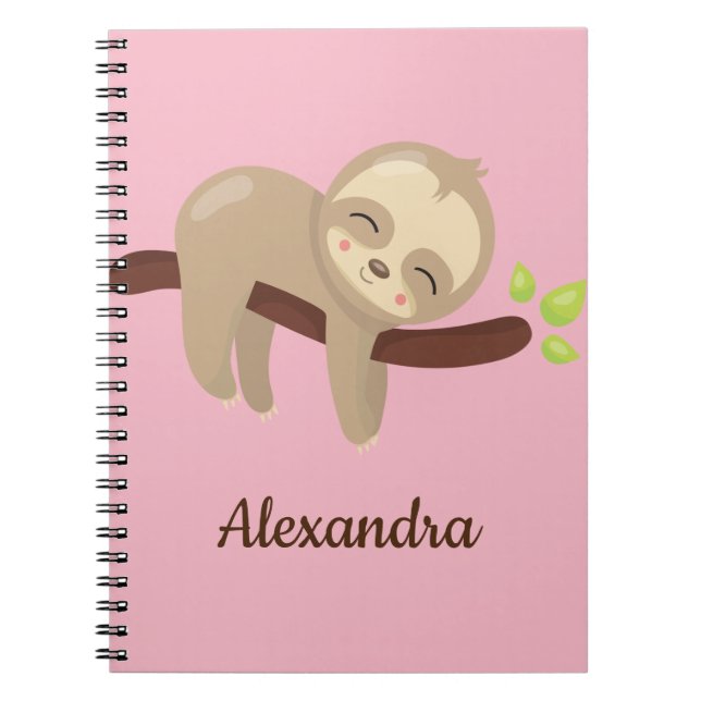 Cute Sloth On Tree Animal Illustration on Pink Notebook (Front)
