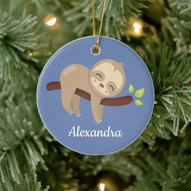 Cute Sloth on Tree Kawaii Animal On Blue Ceramic Ornament (Tree)