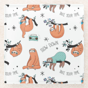 Cute Sloth Pattern Glass Coaster