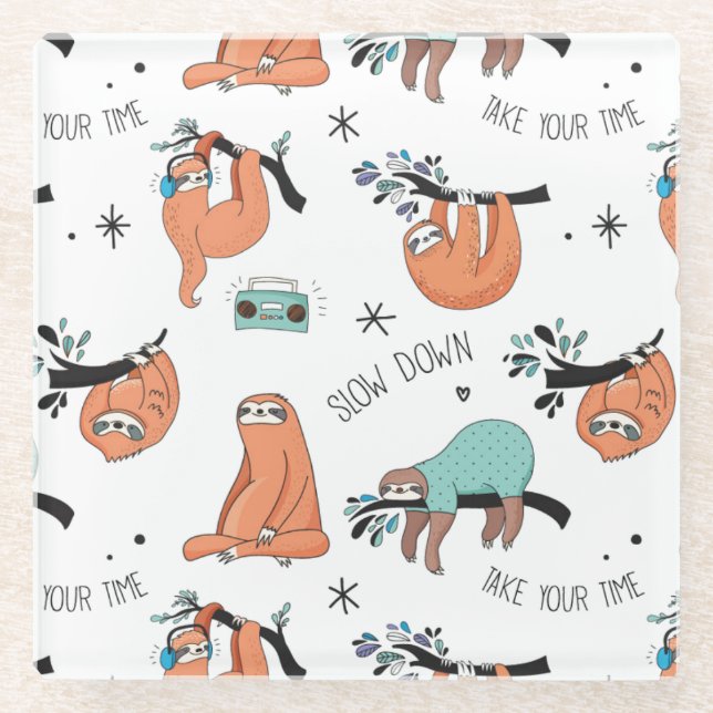 Cute Sloth Pattern Glass Coaster (Front)