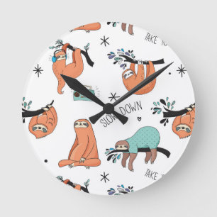 Cute Sloth Pattern Round Clock