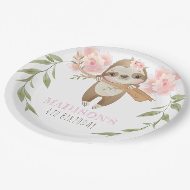 Cute Sloth Personalized Girl Birthday  Paper Plate (Angled)