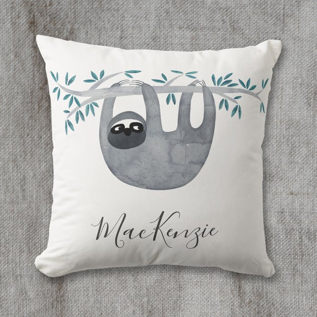 Cute Sloth Personalized Throw Pillow (Cute watercolor sloth art personalize script name throw pillow)