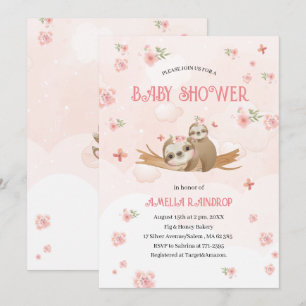 Cute Sloth pink flowers baby shower watercolor Inv Invitation