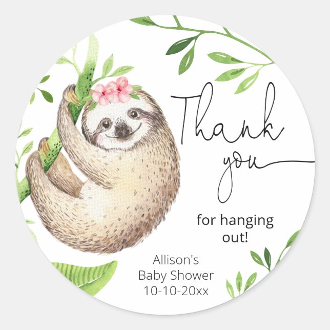Cute sloth pink greenery green leaves stickers (Front)