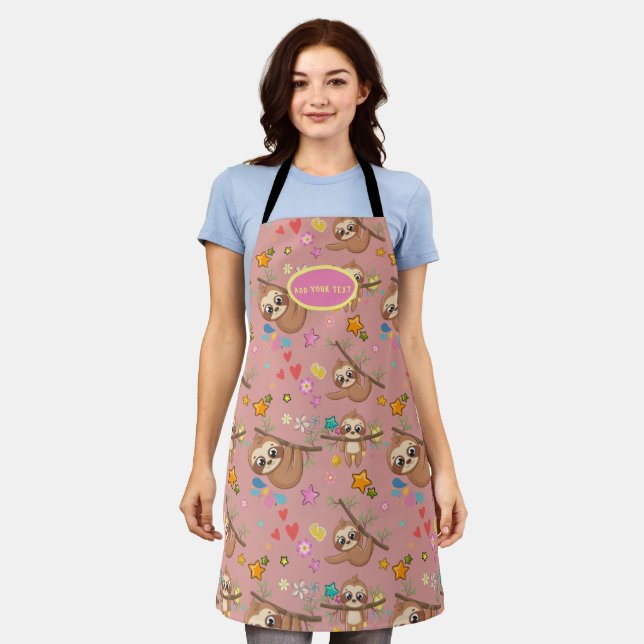Cute Sloth Pink Pattern Add Your Text Floral Chic Apron (Worn)