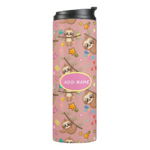 Cute Sloth Pink Pattern Add Your Text Floral Chic Thermal Tumbler