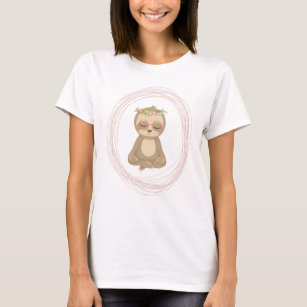 Cute Sloth Pink Zen Yoga Lotus Drawing T-Shirt