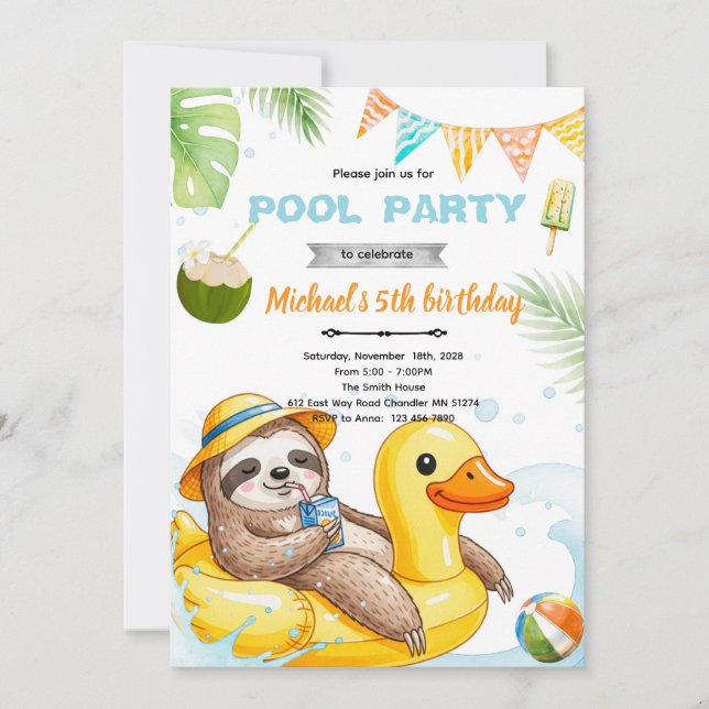 Cute sloth pool theme invitation (Devant)