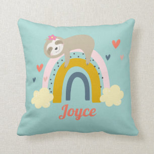 Cute Sloth Rainbow Pink Turquoise Personalise Name Throw Pillow