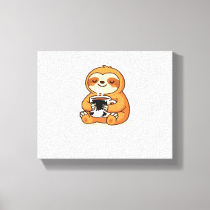 Cute Sloth Relaxing with Hot Coffee Premium T-Shir Canvas Print
