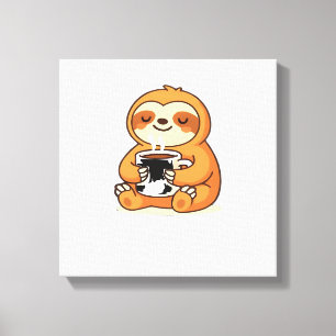 Cute Sloth Relaxing with Hot Coffee Premium T-Shir Canvas Print