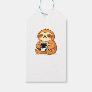 Cute Sloth Relaxing with Hot Coffee Premium T-Shir Gift Tags
