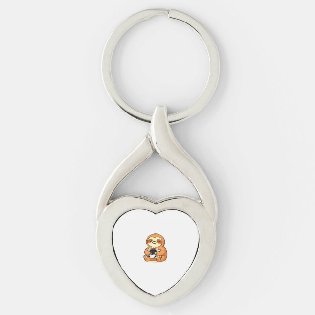 Cute Sloth Relaxing with Hot Coffee Premium T-Shir Keychain (Front)