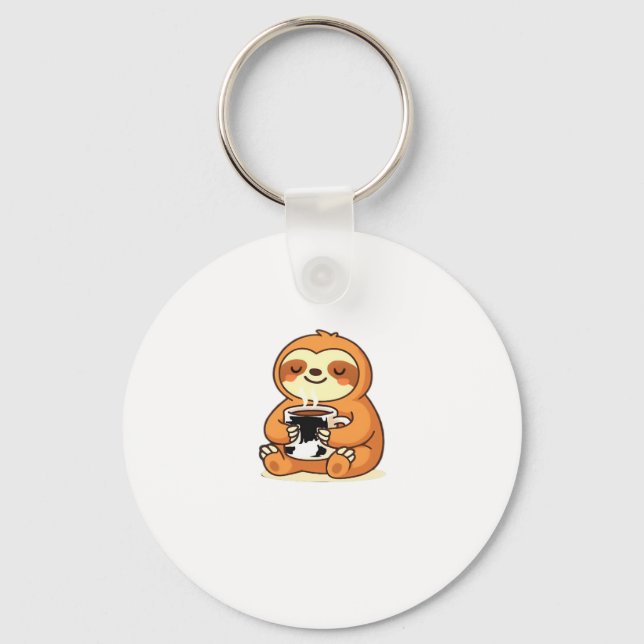 Cute Sloth Relaxing with Hot Coffee Premium T-Shir Keychain (Front)