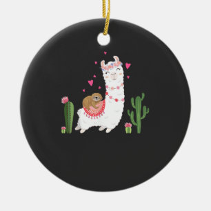 Cute Sloth Riding Llama Shirt Heart Valentines Day Ceramic Ornament