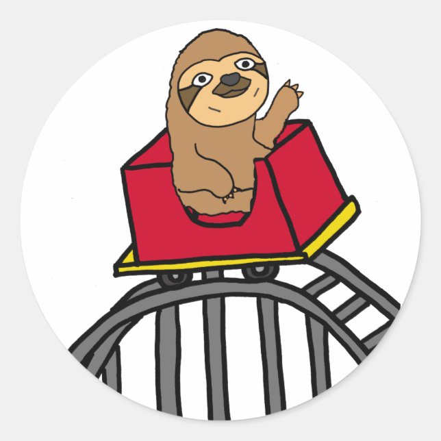 Cute Sloth Riding Roller Coaster Cartoon Classic Round Sticker (Front)