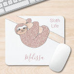 Cute Sloth Rose Gold Glitter Custom Mouse Pad<br><div class="desc">This girly mouse pad is decorated with a rose gold glitter cute smiling sloth hanging from a branch.
Easily customizable with your name in stylish script typography.
Original Drawing© Michele Davies</div>